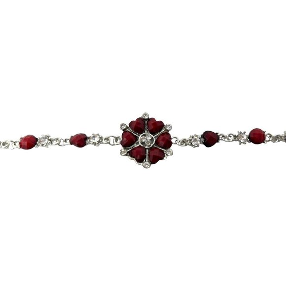 Charming Charlie Bracelet - Silver Plated Chain, Faux Garnet Stones and Rhinesto - Picture 2 of 5